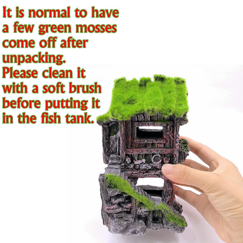 M2cbridge Aquarium Decorations Fish Hideout House Betta Cave with Green Lifelike Moss (Style 4) - Image 4